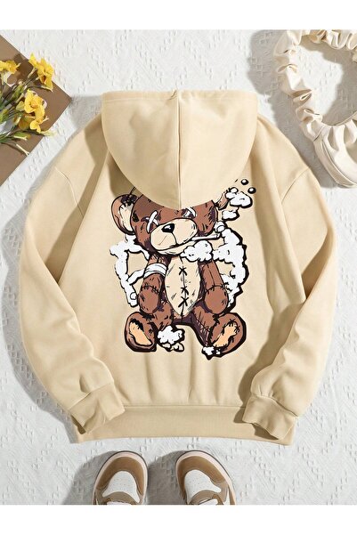 Tarzsokak Hanorac cu șnur și buzunar cangur cu imprimeu Qutie Bear, kaki