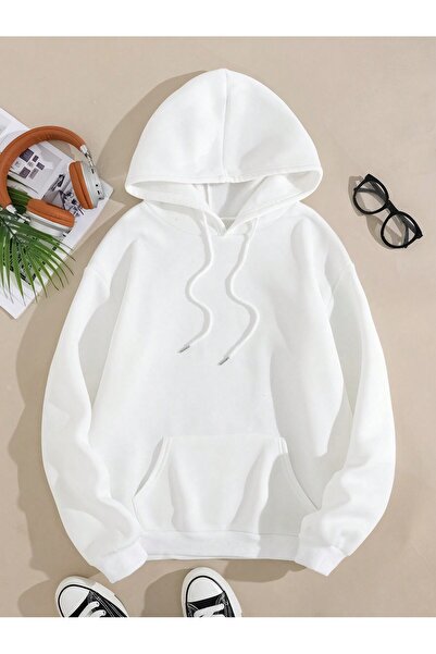 Tarzsokak Hanorac solid cu șnur și buzunare tip cangur, alb