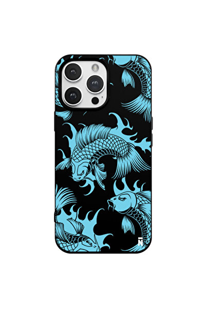Casen iPhone 15 Pro Silikon Japon Balıkları Mavi Koi Balığı Siyah Renkli Tele...