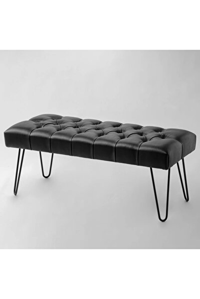 Passion Lerringe Siyah Metal Ayaklı Deri Kapitoneli Chester Yatak Ucu Oturma Bankı Puf Bench Koridor Oturağı
