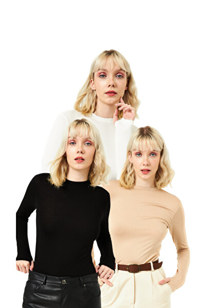 Bukamiss Bluză de damă, alb-negru, crem, cu detalii cu degete din 3 piese