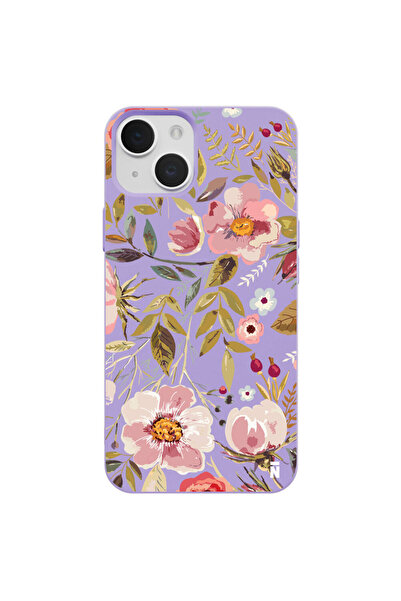 Casen iPhone 15 Özel Tasarım Renkli Çiçekli Yağlı Boya Lila Renkli Silikon Te...