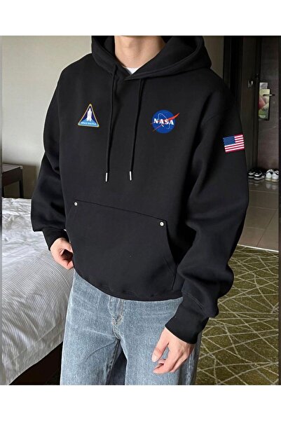 Baycombine35 سويت شيرت بغطاء رأس كبير الحجم مطبوع عليه علم ناسا باللون الأسود...