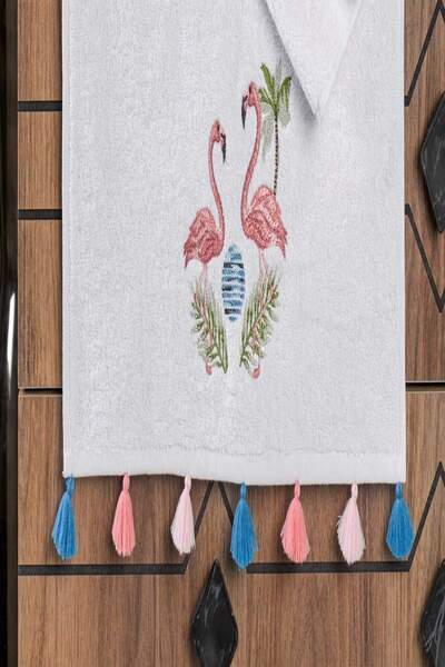 Like&Buy Flamingo Embroidered Tasseled 3-Piece Hand and Face Towel