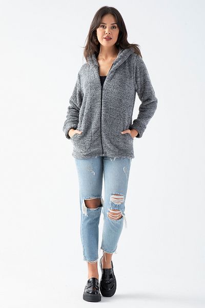 EtkiModa Women's Gray Hooded Plush Jacket