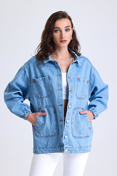 DKmoda Kadın Mavi Kot Balon Kol 4 Cepli Kırmızı Dikiş Detaylı Ceket