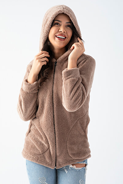 EtkiModa Γυναικείο βελούδινο μπουφάν με κουκούλα βιζόν