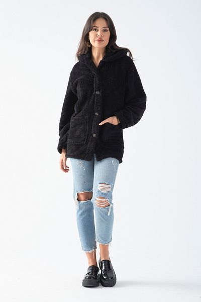 EtkiModa Cardigan de pluș cu nasturi cu guler negru pentru femei