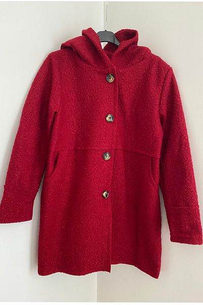 AYASOFYA OTANTIK Women's Italian Red Buttoned Pocket Hooded Boucle Coat