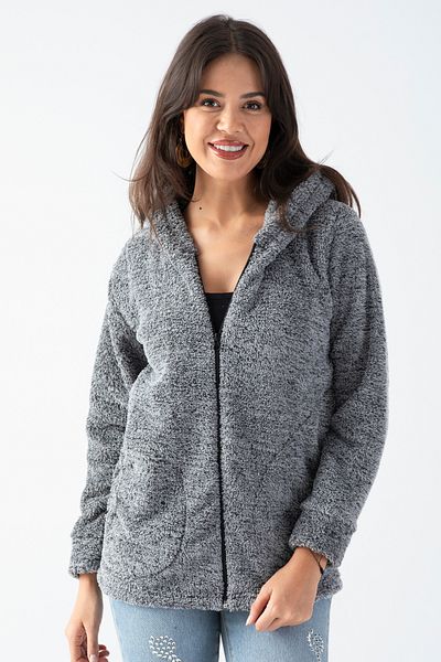 EtkiModa Women's Gray Hooded Plush Jacket