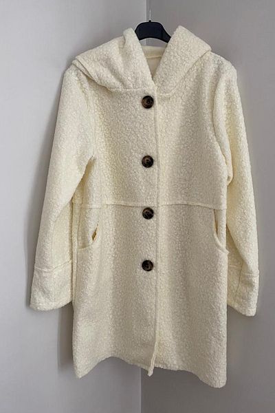 AYASOFYA OTANTIK Women's Italian White Buttoned Pocket Hooded Boucle Coat