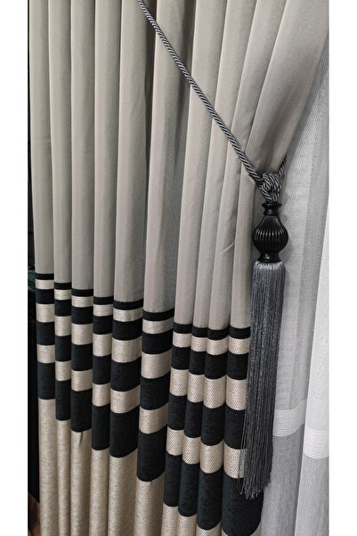 Yuka Panel Background Curtain Light Gray Black Chenille Horizontal Striped Single Wing Closely Pleated Yuka Home Luxury Series