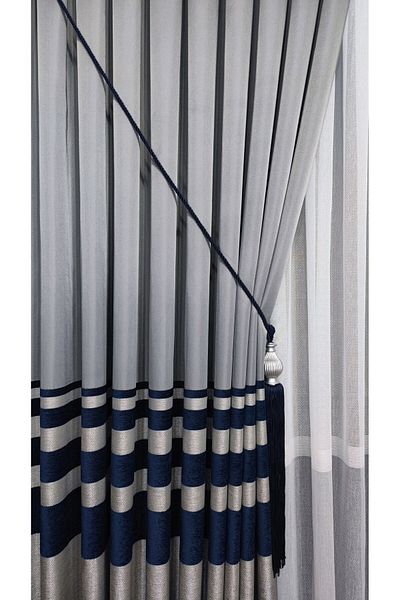 Yuka Panel Background Curtain Light Gray Navy Blue Chenille Horizontal Striped Single Wing Closely Pleated Yuka Home Luxury Series