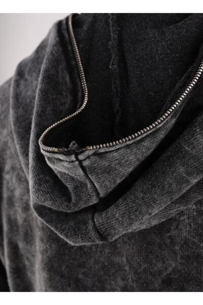 Touz You Bum Cat Printed Vintage Washed Full Zip Detail Unisex Oversize Hooded Cardigan