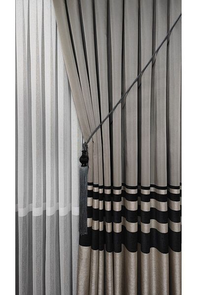 Yuka Panel Background Curtain Light Gray Black Chenille Horizontal Striped Single Wing Closely Pleated Yuka Home Luxury Series