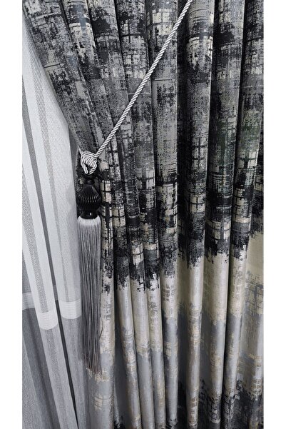 Yuka Panel Background Curtain Gray Black Cream Multicolored Patterned Single Wing Closely Pleated Yuka Home Luxury Series