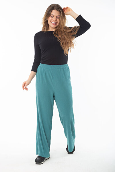 Şans Women's Large Size Green Elastic Waist Wide Leg Wrap Pants 65N37315