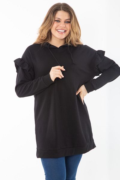 Şans Women's Large Size Black Hooded Sweatshirt with Three Thread Sleeve Detail 65N37299