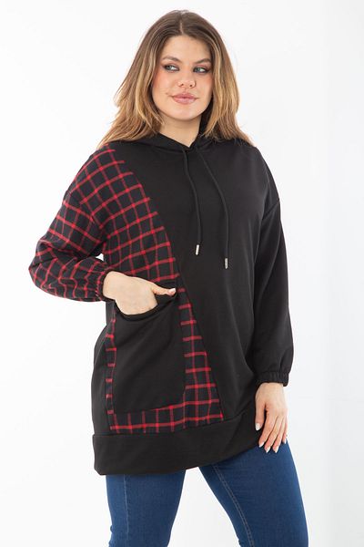 Şans Women's Large Size Black Plaid Garnished Hooded Sweatshirt 65N37289