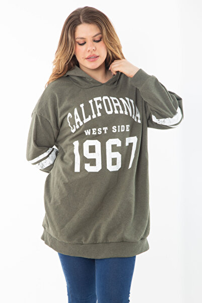 Şans Women's Large Size Khaki Three Thread Hooded Sweatshirt 65N37290