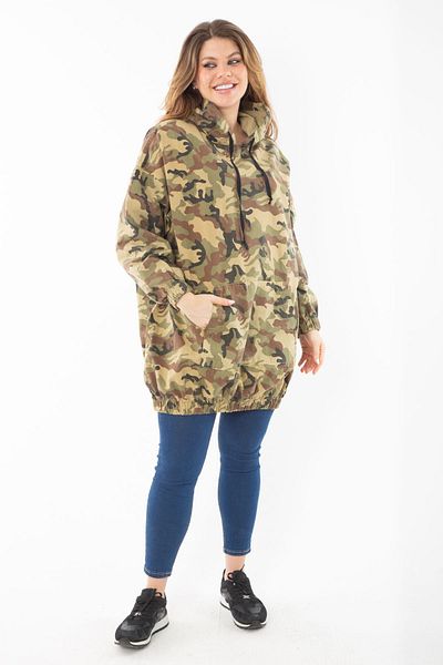 Şans Women's Large Size Khaki Relaxed Fit Camouflage Pattern Hooded Kangaroo Pocket Long Sweatshirt 65N37298