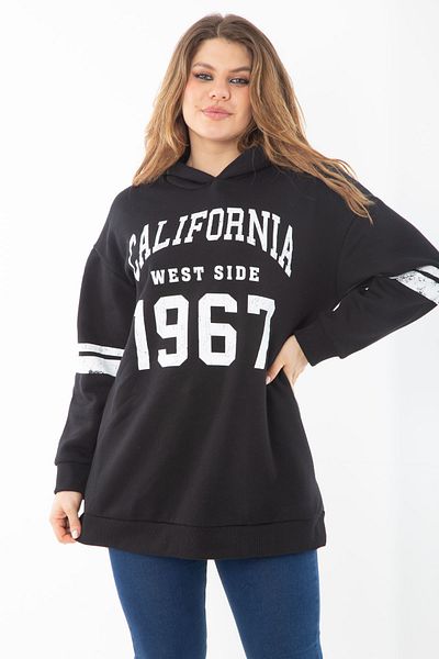 Şans Women's Large Size Black Three Thread Hooded Sweatshirt 65N37290