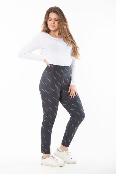 Şans Women's Large Size Black Leather Look Sports Pants with Elastic Waist 65N37311