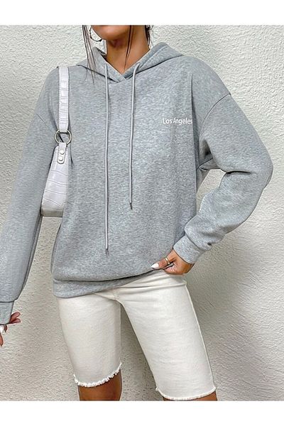 Josette Unisex Γκρι Λος Άντζελες Minimal Text Φούτερ με κουκούλα oversize