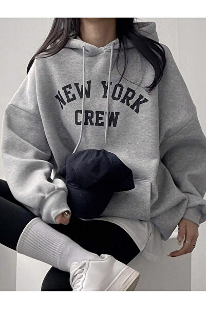 Josette Unisex Gri New York Crew Baskılı Kapüşonlu Oversize Sweatshirt
