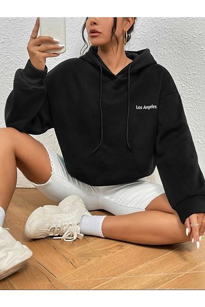 Josette Unisex Μαύρο Λος Άντζελες Minimal Text Φούτερ με κουκούλα oversize