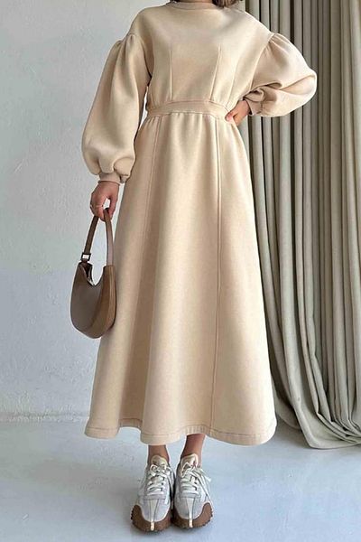 lovebox Thick Fabric Cotton Fabric Flared Cut Midi Length Beige Sweat Dress 9090