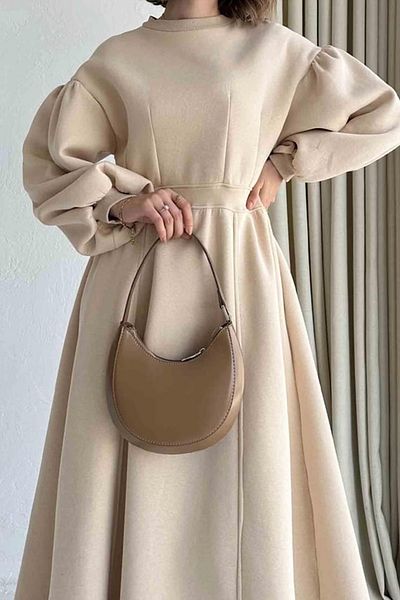 lovebox Thick Fabric Cotton Fabric Flared Cut Midi Length Beige Sweat Dress 9090