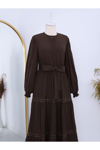 Modamorfo Lace-up Lined Dress with Scalloped Sleeves and Skirt