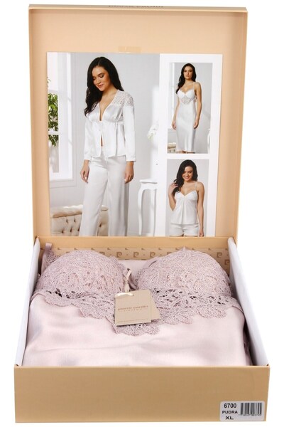 Pierre Cardin Saten Gecelik Sabahlık Pijama Takım Şort Takım 6'lı Gelin Çeyiz Seti - 6700
