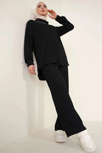 hazelin Women's Hijab Black Wide Fit Bottom-Top Double Knitted Suit HZL24W-BD158581