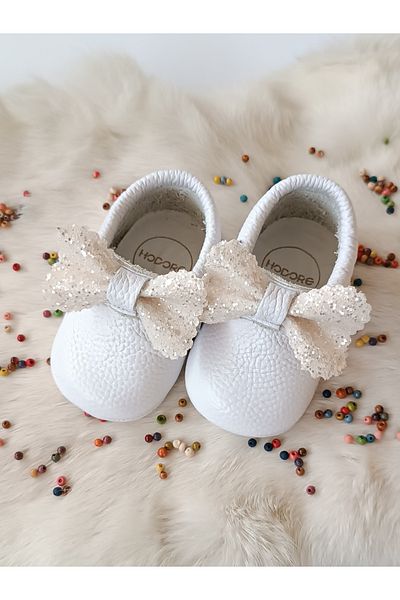 Hodore Sofia White Stoned Genuine Leather Baby Loafer