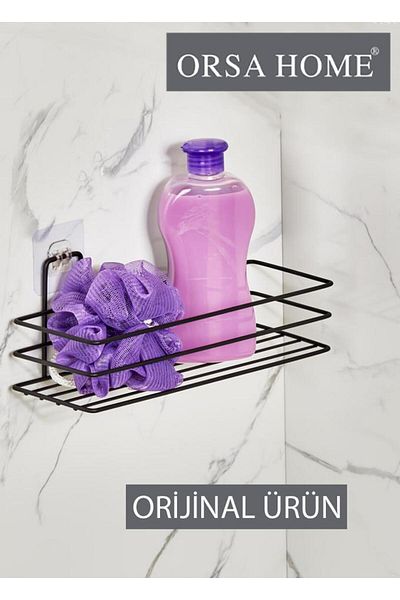 ORSA HOME 926 Μονό ισχυρό μαγικό κολλώδες ορθογώνιο ράφι μπάνιου με λουράκι ματ μαύρο