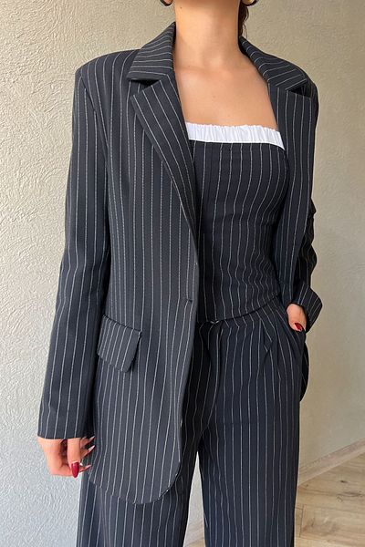 Seda Yalçın Atelier Navy Blue Striped Buttoned Blazer Jacket