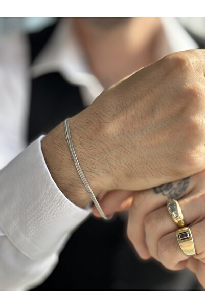 CAPO by Aytaç Yamaç سوار فولاذي موديل سلسلة ثعبان مسطحة باللون الفضي مقاس 21-...