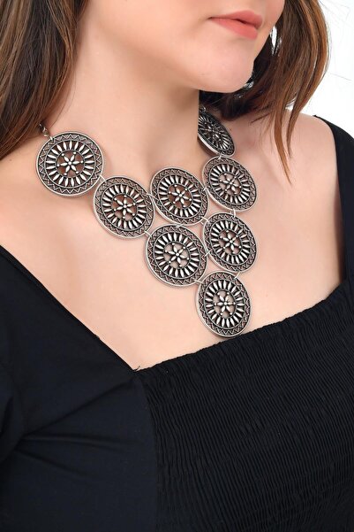 LABALABA Kadın Antik Gümüş Kaplama Dairesel Motif Kolye