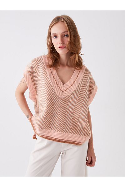 LC Waikiki V-Neck Patterned Oversize Women's Knitwear Sweater