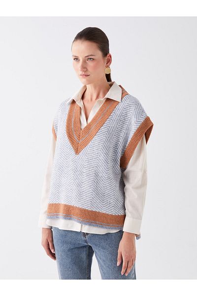 LC Waikiki LCWAIKIKI Basic dámský pletený semiš s výstřihem do V se vzorem oversize