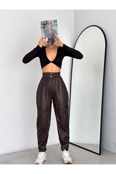 Winmoda34 Women's High Waist Corset Leather Trousers with Thin Darts and Zipper Waist
