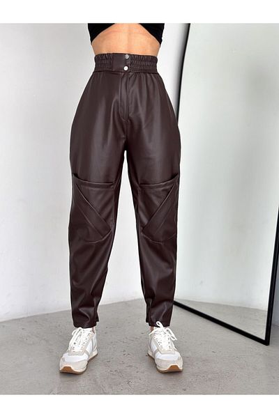 Winmoda34 Women's High Waist Corset Leather Trousers with Thin Darts and Zipper Waist