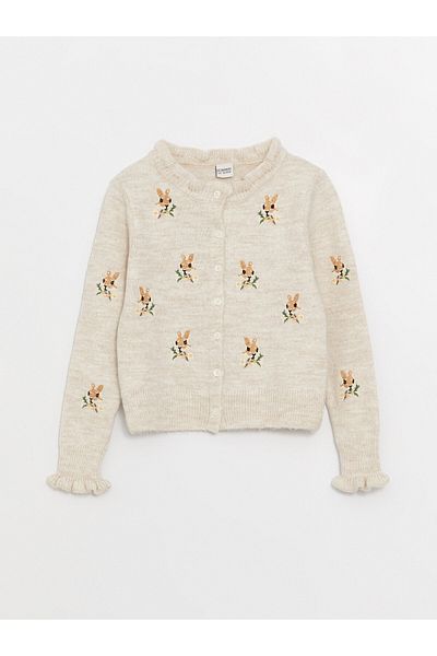 LC Waikiki Long Sleeve Crew Neck Embroidered Girl's Knitwear Cardigan