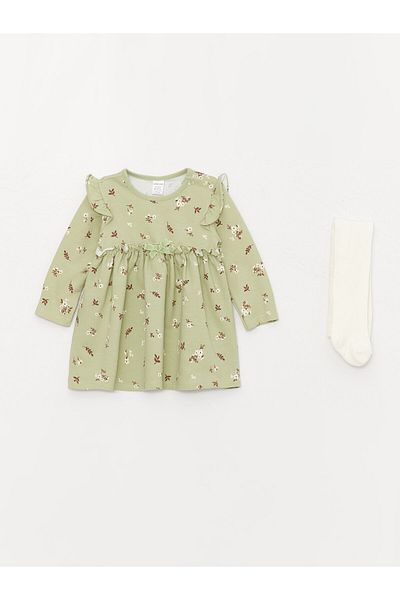 LC Waikiki Bedrucktes Kleid mit Rundhalsausschnitt und Strumpfhosen für Babys – 2er-Set