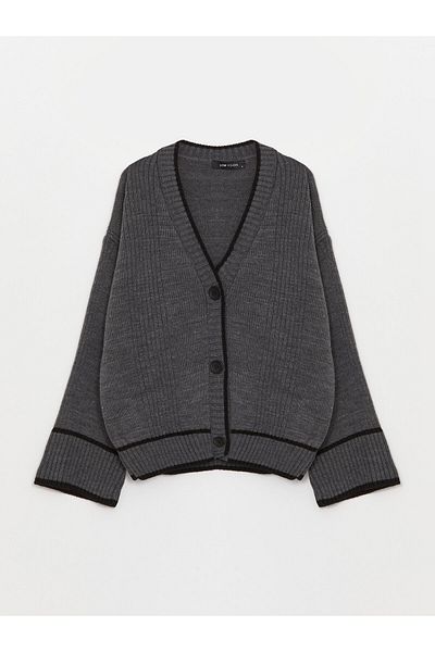 LC Waikiki Damen-Strickjacke mit langen Ärmeln und V-Ausschnitt in Übergröße