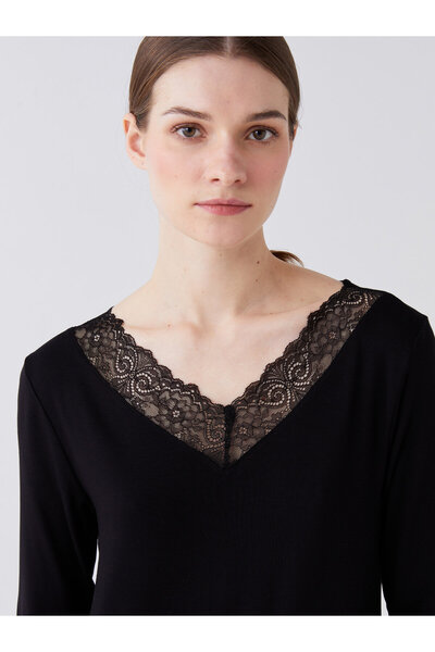 LC Waikiki Cămașă de noapte pentru femei, cu decolteu în V, cu mânecă lungă, cu dantelă