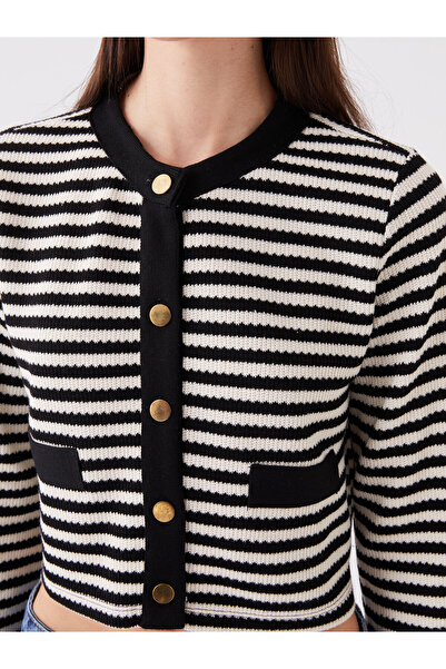 LC Waikiki Dámský pletený kardigan s dlouhým rukávem a proužkovaným výstřihem