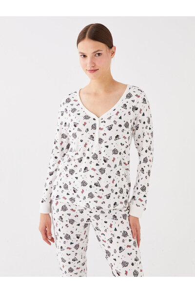 LC Waikiki Súprava dámskeho pyžama s dlhým rukávom s vianočným výstrihom do V